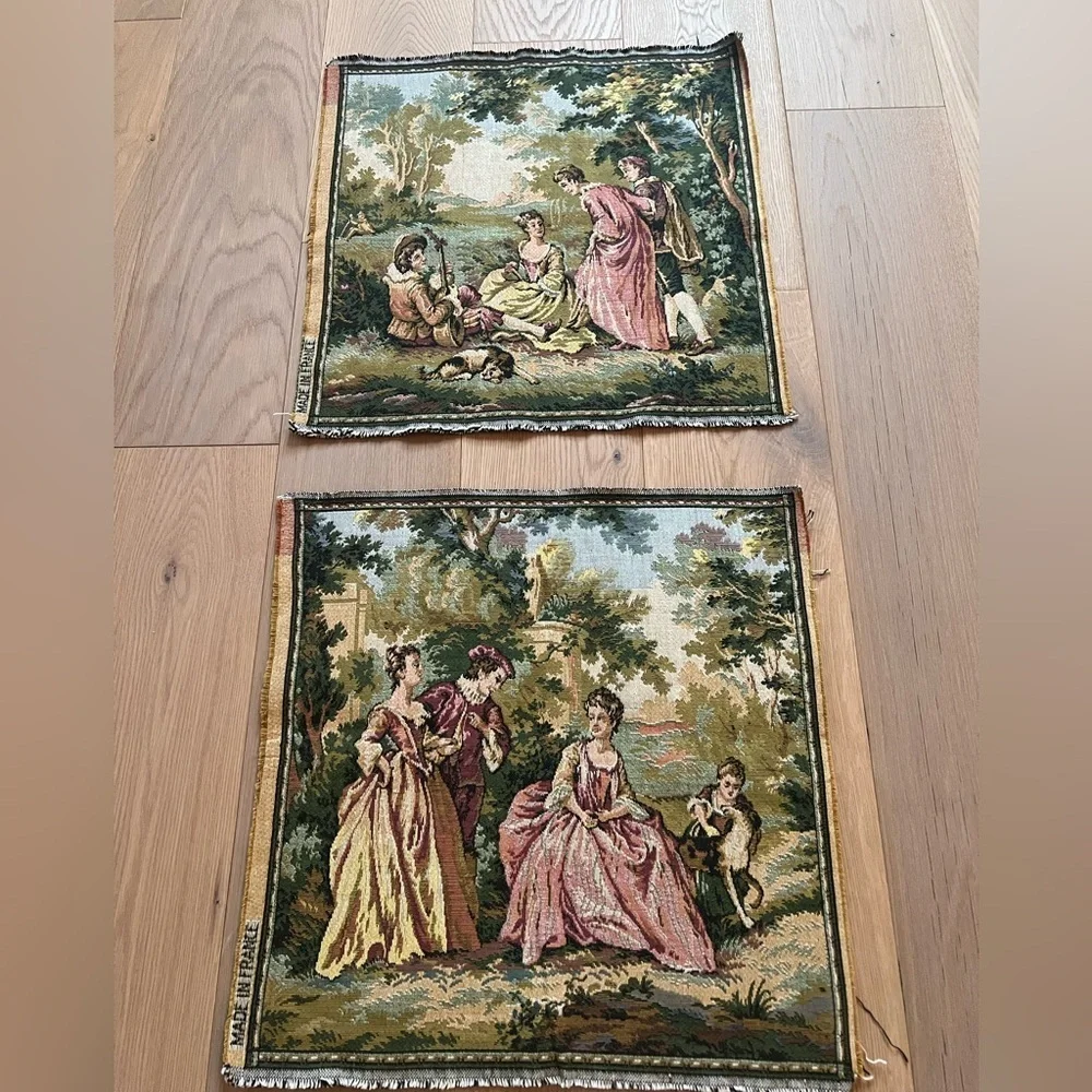 2 Vintage Pastoral Scene needle point Tapestry French courtship Aubusson Gobelin